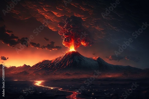 illustration of Mountain of night fire and volcanic landscape with lava flow. Generative AI digital illustration