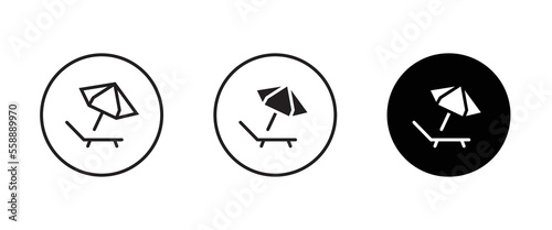 Summer relax sunbathing, Sunbed icon. Resort, beach, chair, furniture, lounger, parasol, relaxation, sea, umbrella Parasol lounger, sun