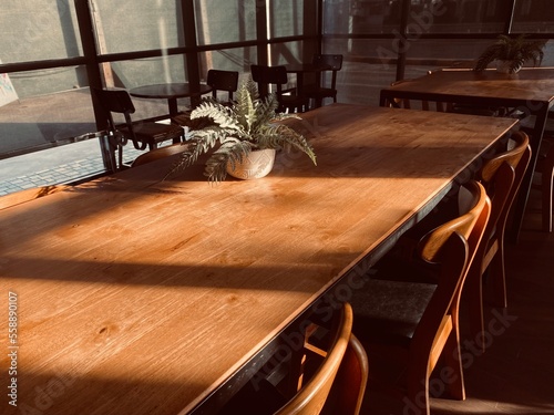 Empty table and chairs in cafeteria 