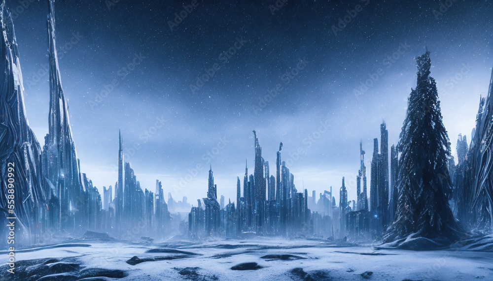 futuristic city scene covered in snow and ice