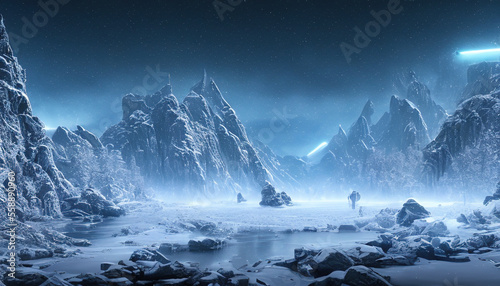 futuristic city scene covered in snow and ice