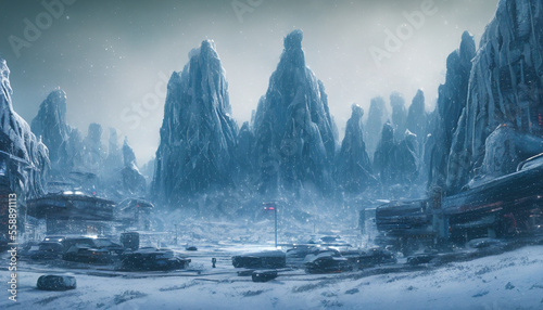 futuristic city scene covered in snow and ice © lndstock
