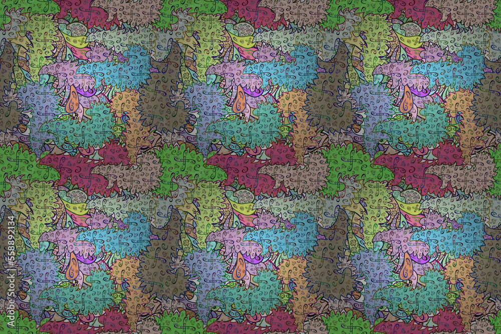 Seamless pattern with interesting doodles on colorfil background.