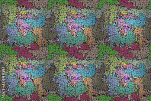 Seamless pattern with interesting doodles on colorfil background. © ielyzaveta