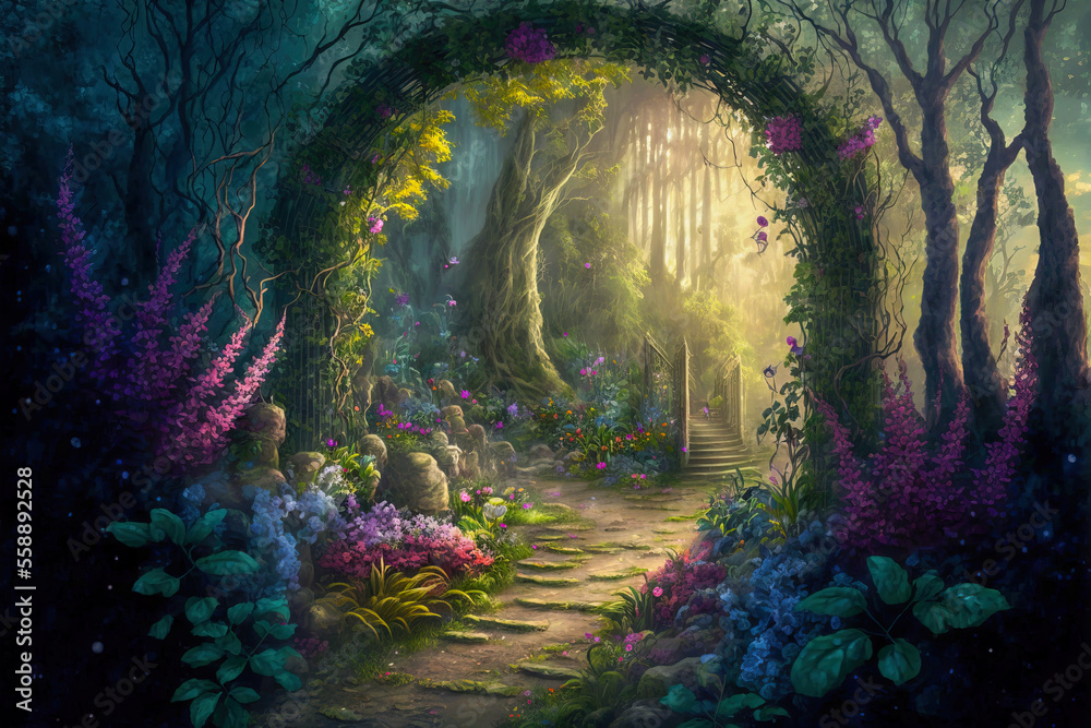 Fantasy fairy tale background. Fantasy enchanted forest with magical luminous plants, built ancient mighty trees covered with moss, with beautiful houses, butterflies and fireflies fly in the air.	
