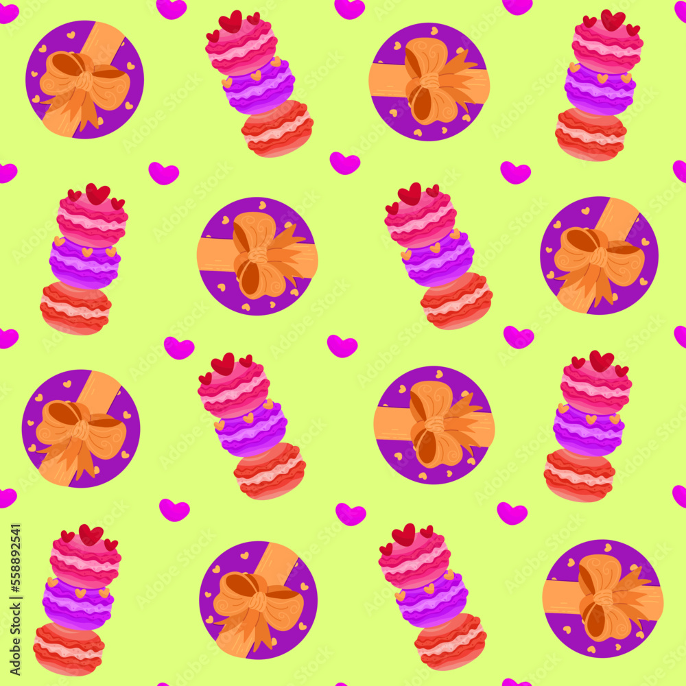 Vector romantic seamless pattern with hearts, gift box , sweets, macaroons on a green background. Ideal for wrapping paper, decor, textiles. Vector romantic seamless pattern with hearts, gift box , sweets, macaroons on a green background. Ideal for wrapping paper, decor, textiles.