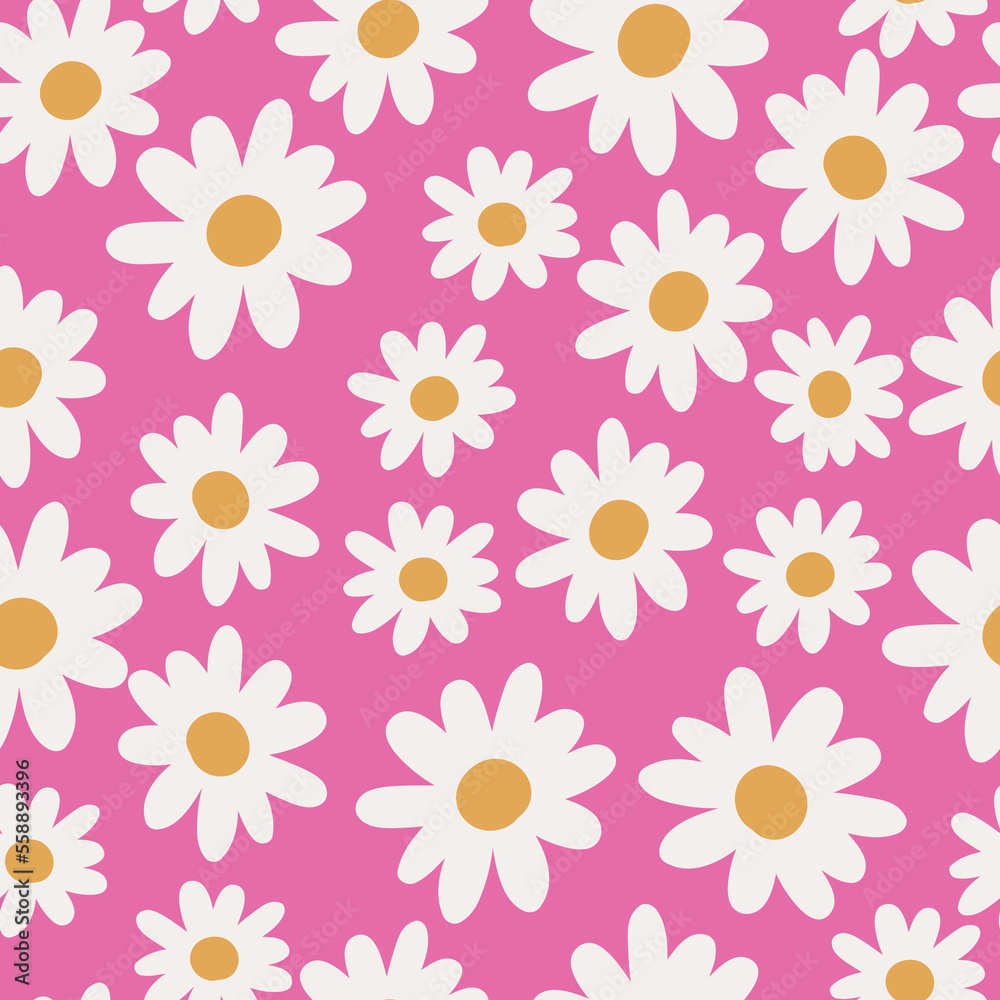 Seamless Repeat Cute Sweet Daisy Floral Pattern Pink Mustard Yellow White Pattern