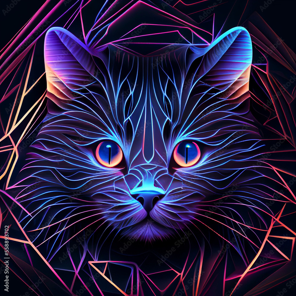 Illustrative line render of a neon cat art portrait (AI Generated)