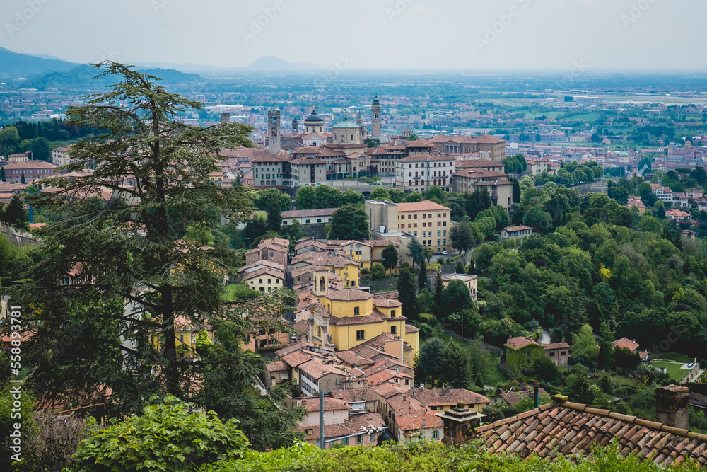 Aerial view over the city of Bergamo from San Vigilio mountain. Overlooking the city of Bergamo.