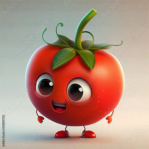 Cute and funny 3D render of a tomato. Standing up and smiling, little cute hands and feet. Large cute eyes and a green crown. (AI Generated)