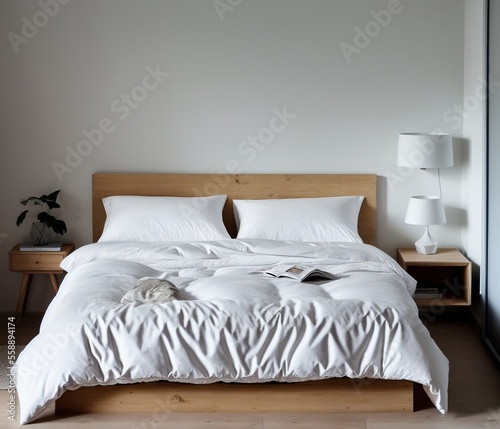 interior of modern bedroom with white and wooden furniture.