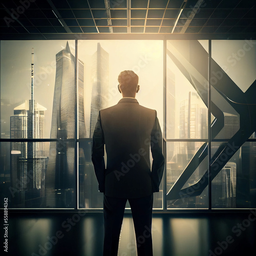 Print op canvas A businessman standing near a huge window in his bright office against the backdrop of skyscrapers