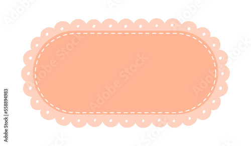 Scalloped Edge Stitched Rectangle Long Frame Badge Vector. Simple label sticker template. Cute vintage frill ornament. Vector illustration isolated on white background.