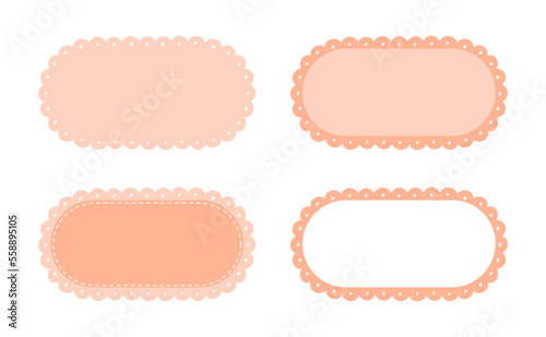 Scalloped Edge Stitched Rectangle Long Frame Badge Set. Simple label sticker template. Cute vintage frill ornament. Vector illustration isolated on white background.