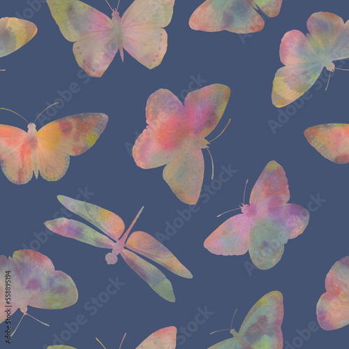 bright butterflies, drawn in watercolor, collected in a seamless pattern for wallpapers, invitations, wrapping paper.