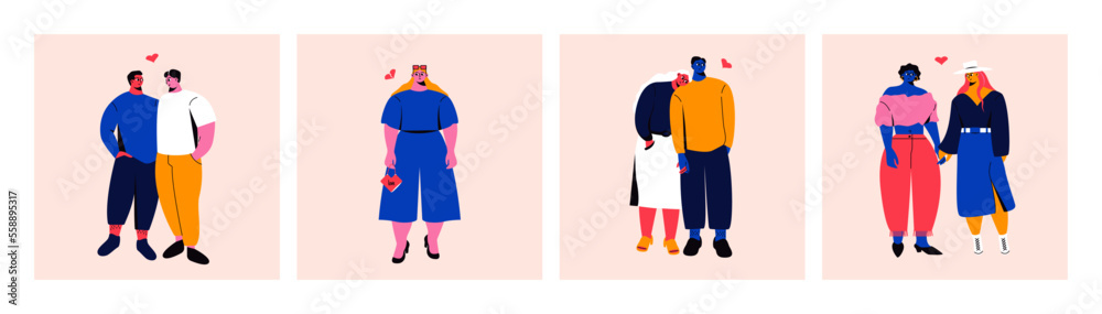 Hugging couples. Cartoon abstract characters, dating love pairs lonely woman, relationship concept. Vector colorful set Hugging couples. Cartoon abstract characters, dating love pairs lonely woman, relationship concept. Vector colorful set