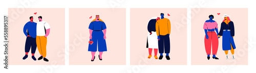 Hugging couples. Cartoon abstract characters, dating love pairs lonely woman, relationship concept. Vector colorful set