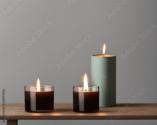 burning candle and candles on table against dark background