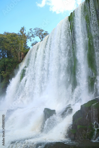 Stunning low angle view of Iguazu Falls at Argentinian side  UNESCO World Heritage in Puerto Iguazu  Argentina  South America