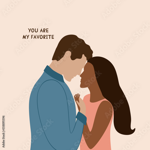 Valentines day couple holding hands and looking each other with love. You are my favorite romantic vector illustration. Men and women kissing, hugging, cuddling card. Lovely romantic relationship.