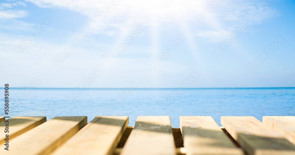 Beautiful wooden floor and blue background, sea water and sky. Beautiful wooden floor and blue background, sea water and sky.