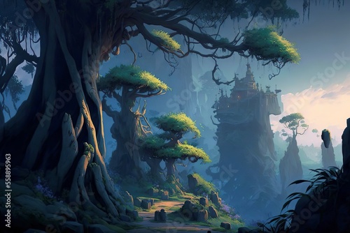 fantasy forest where evil lurks. forest  magical  fantastic  night  illuminated. generative AI