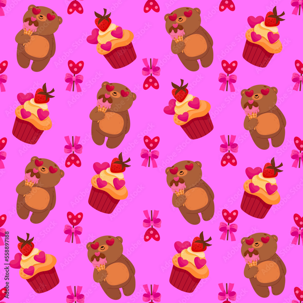 Vector romantic seamless pattern with hearts, cute bears and sweets on a pink background. Ideal for wrapping paper, decor, textiles. Vector romantic seamless pattern with hearts, cute bears and sweets on a pink background. Ideal for wrapping paper, decor, textiles.
