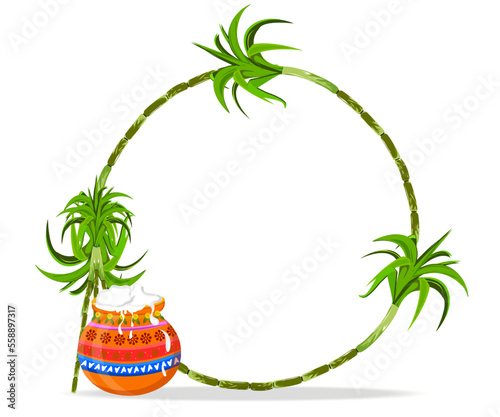 South Indian harvest festival greeting background. Illustration of beautiful Pongal pot with sugar cane frame on white background.