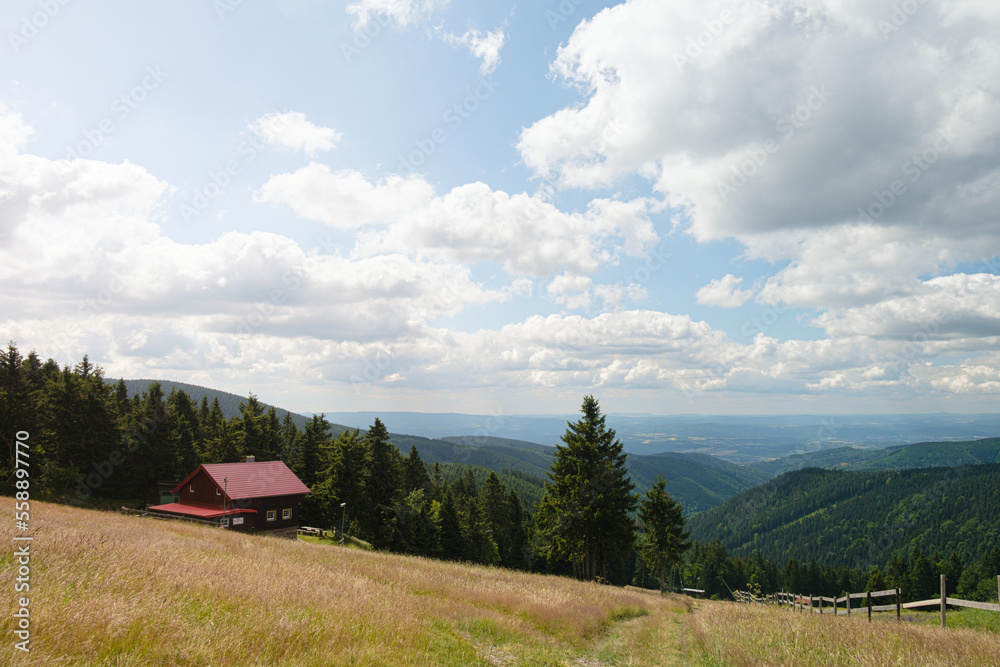 Ski-Gebiet im Sommer mit Hütte Ski-Gebiet im Sommer mit Hütte