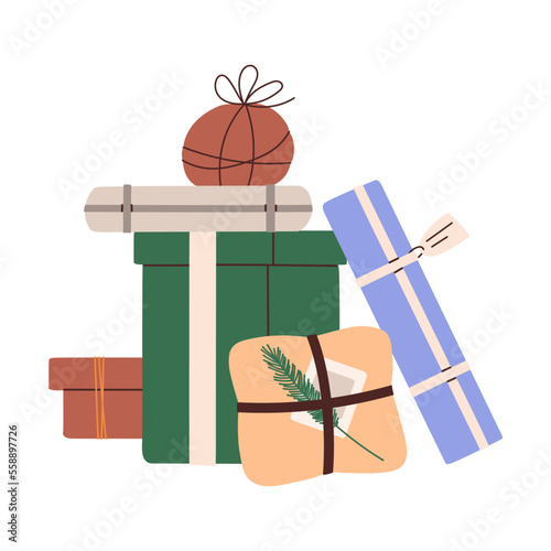 Holiday gift boxes stack in festive wrapping. Lot of present packages decorated with ribbon, bow, string, branch. Surprises packed in paper. Flat vector illustration isolated on white background