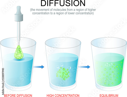 Diffusion. experiment with water in glasses, pipette with dye and solution