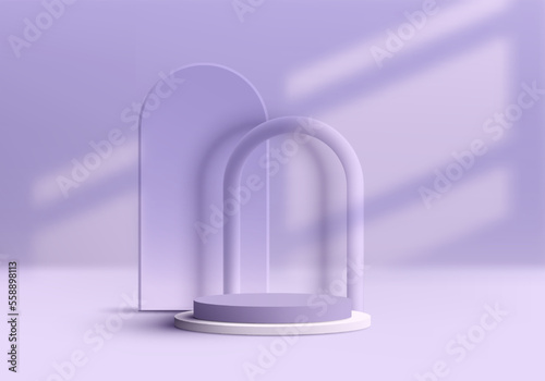 3D realistic empty purple and white cylinder level podium pedestal on purple background