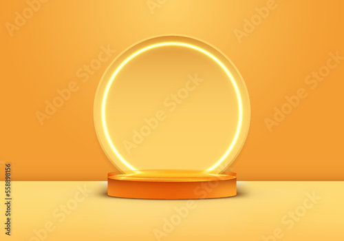 3D realistic products display yellow podium stand pedestal with neon light circle backdrop on yellow studio room background