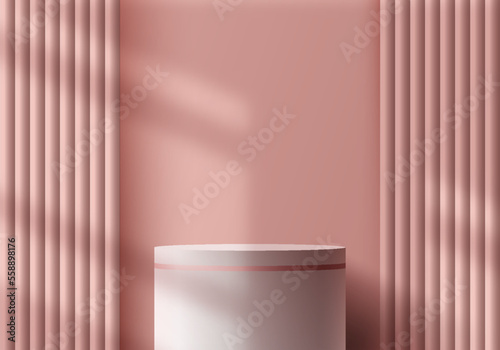 3D realistic elegant white podium stand pedestal with window lighting on pink curtain background
