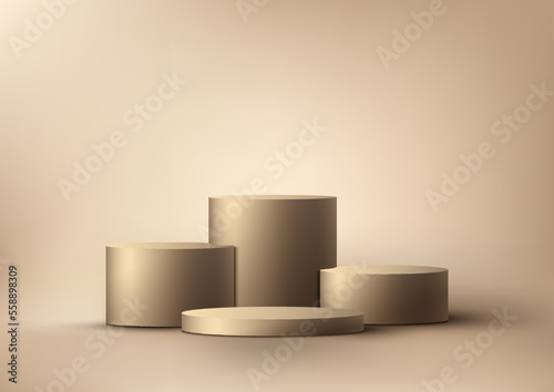 3D realistic group of golden podium cylinder shape product display on gold background luxury style