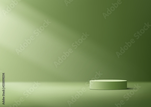 3D realistic empty green podium cylinder shape product display with lighting on minimal wall scene green background