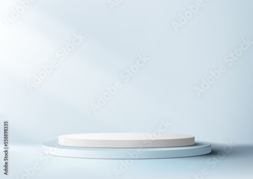 3D realistic empty blue and white podium cylinder shape product display