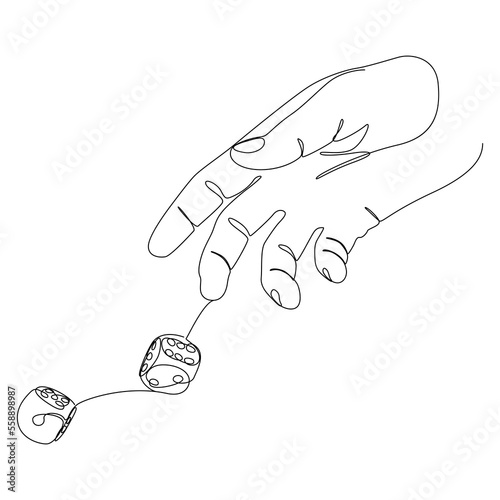 One white continuous line drawing hand with dice. Thin Line Illustration vector concept on black background. Contour Drawing Creative ideas.