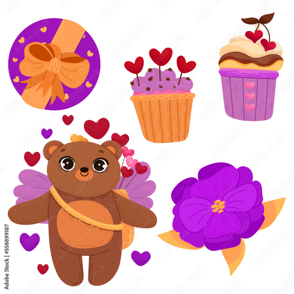 Fototapeta premium Vector set of elements for Valentine's day. Hearts, bear, sweets, flowers, garlands, balls, gifts and other cute items.