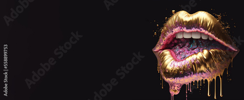 Valentine's Day pink lips, dripping with teeth showing gold and pink metallic with copy space, Generative AI