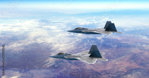 Fighter Jets Flying Together High Above The Clouds. Ready For Air Attack. War And Air Force Related 3D Illustration Render.