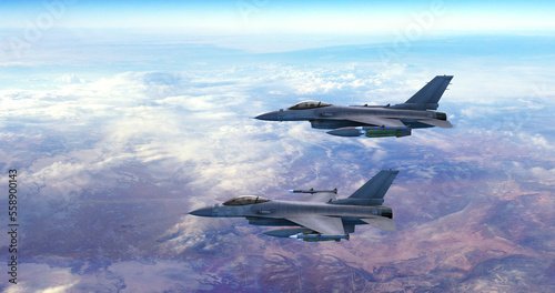 Advanced Fighter Jets Flying Together Above The Clouds. Accelerates And Disappears. War And Air Force Related 3D Illustration Render.