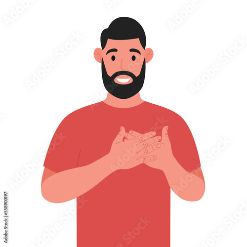Bearded man expresses his positive feeling to people, keep hands on chest or heart. Vector illustration.