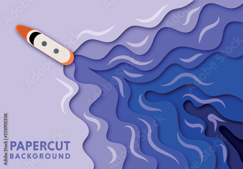 Top view river and yacht in paper cut style. 3d seaside background with pleasure boat on the lake in summertime in papercut art. Vector card illustration cut out deep wavy modern cover.