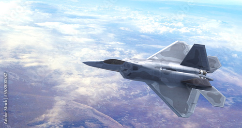 Advanced Fighter Jet Flying Above The Clouds. Ready To War. War And Air Force Related 3D Illustration Render.