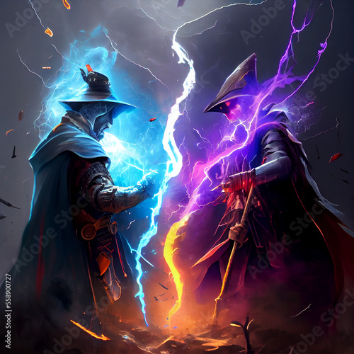 Amazing battle between two mages with different colors, generative ai