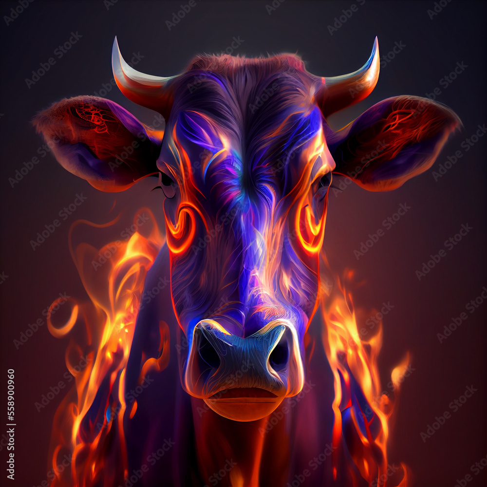 Elegant flaming cow portrait, generative ai Elegant flaming cow portrait, generative ai