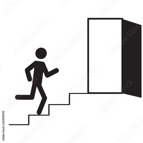 the emergency exit icon, a human figure pictogram, runs up the stairs to the emergency exit
