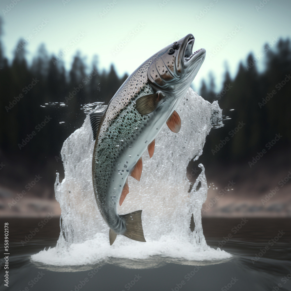 Realistic abstract render of a trout jumping out of the river with