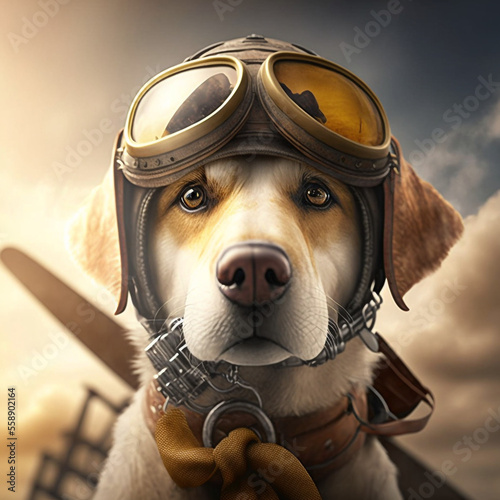 Realistic render of a cute dog as a world war one (ww1) biplane pilot.  Wearing large pilot goggles and a vintage pilot hat. (AI Generated)
